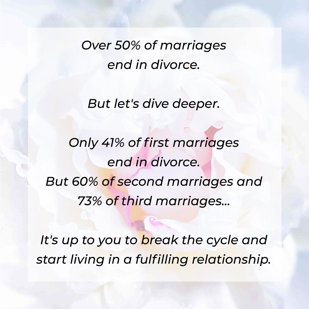 Over 50% of marriages end in divorce. But let's dive deeper. Only 41% of first marriages end in divorce. But 60% of second marriages and 73% of third marriages... It's up to you to break the cycle and start living in a fulfilling relationship.